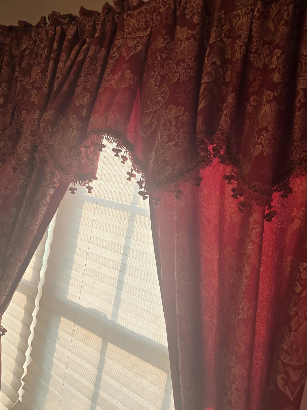 Elegant Red Damask Window Valance and Curtain Set